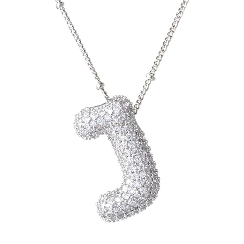 Sparkling Paved Letter J Bubble Pendant Necklace Silver Tone Chain New
